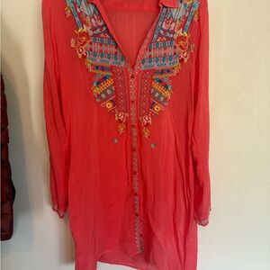 Johnny Was Embroidered Coral Tunic Top
